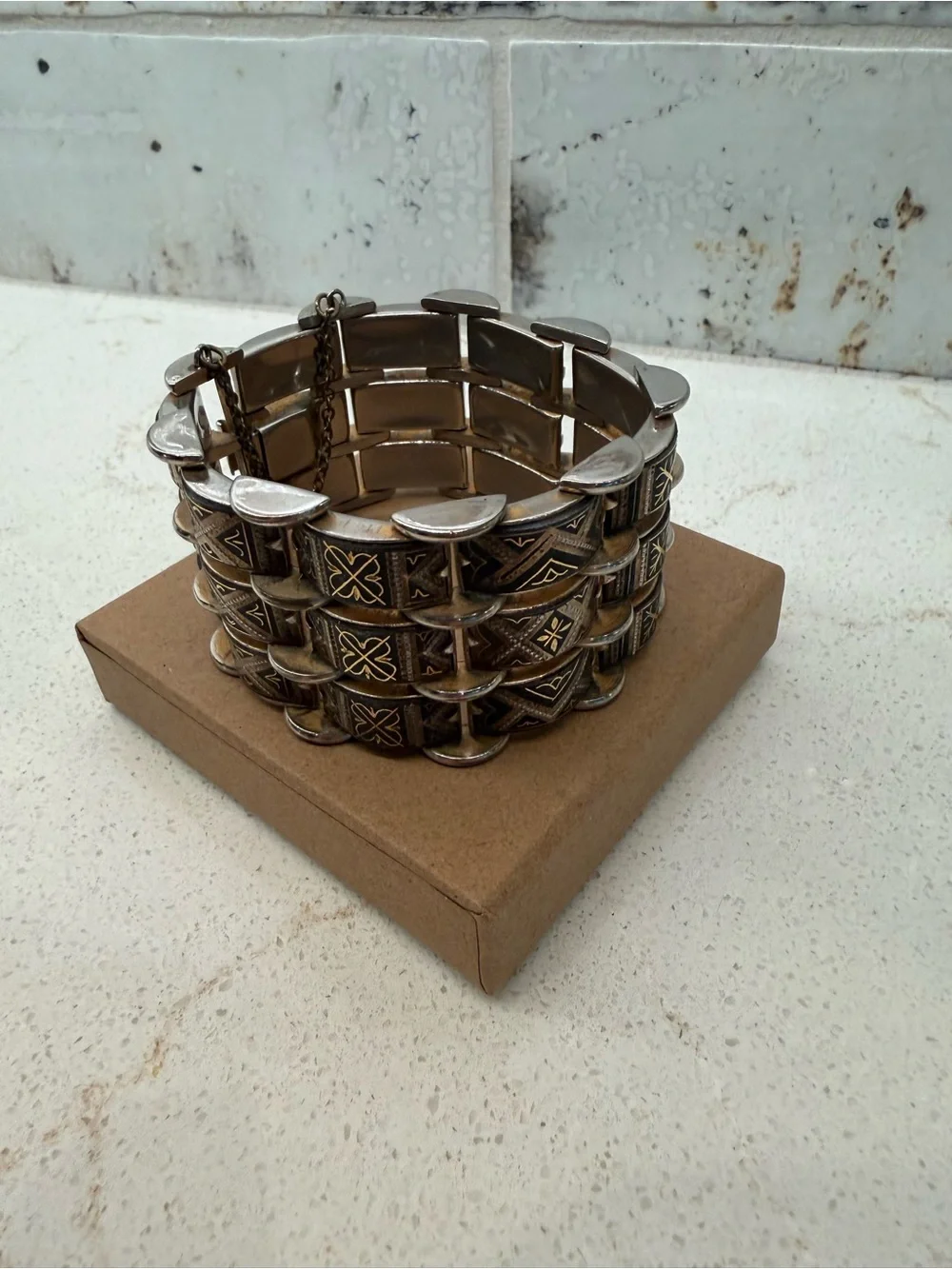 Vintage Gold and Silver-Tone 3 Row Damascene Art Deco Hinged Bracelet